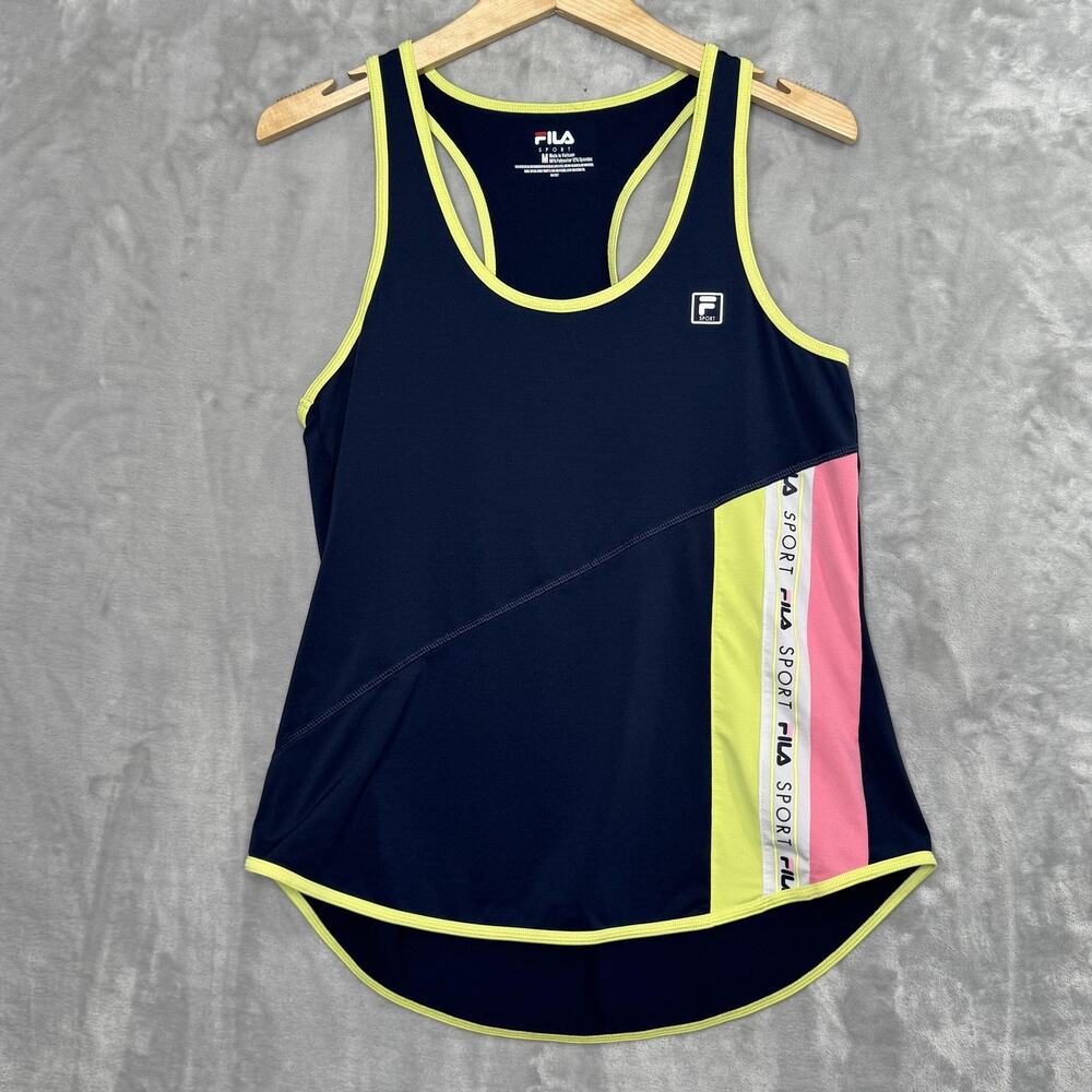 Fila Sport Tank Top Womens Medium Navy Blue Yellow Pink Racerback Spell Out Gym